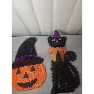 Vintage Tinsel Halloween Set - Pumpkin & Cat - Retro Decor